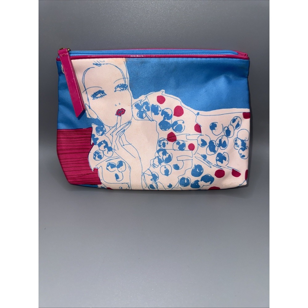 Estee Lauder Makeup‎ Bag 8.75" x 6.5" Top Zip Polyester Blue & Pink White Design